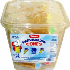 Marpo Marshmallow Cones tub opened showing soft pillowy texture for casual snacking.