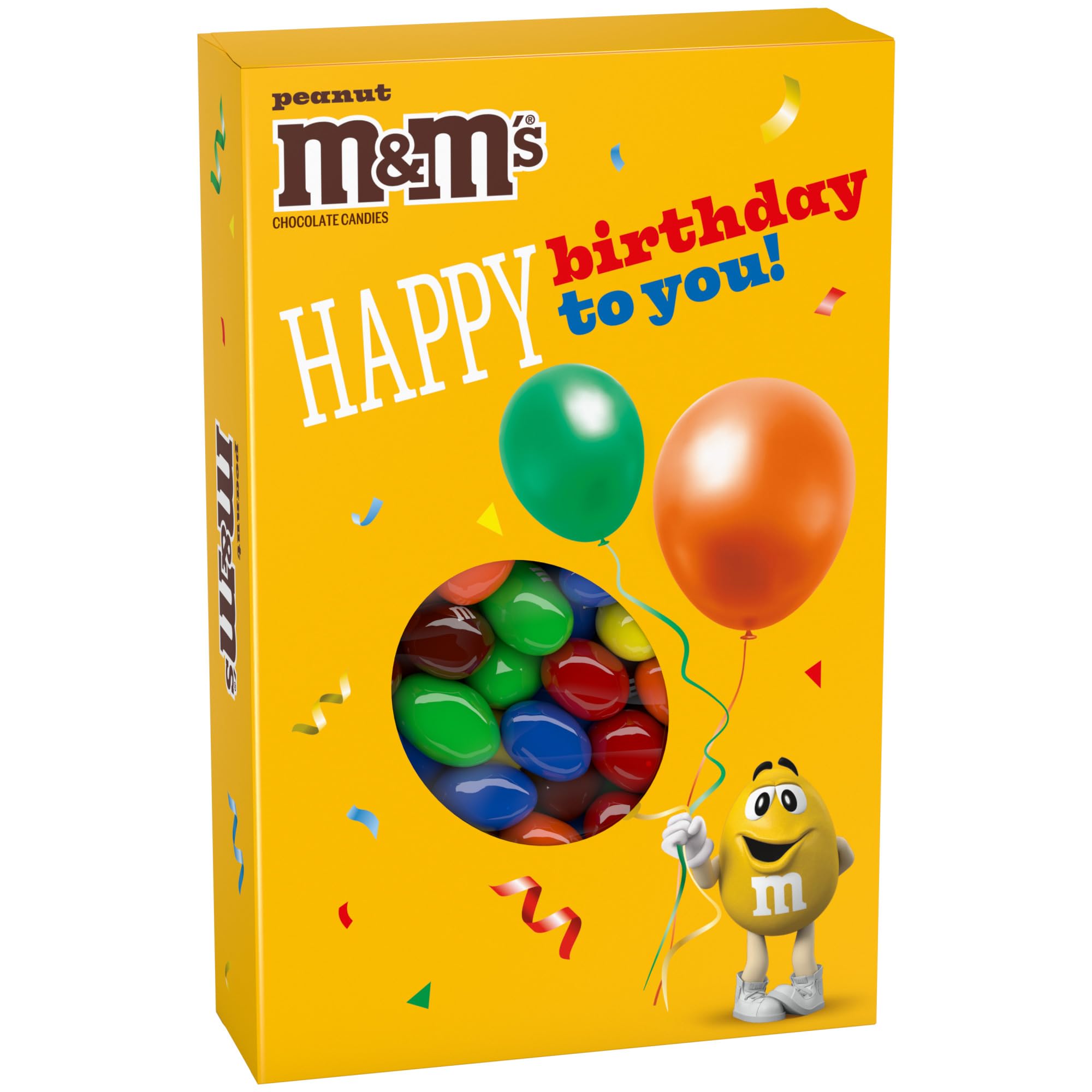 Mars M&M'S Peanut Milk Chocolate Gift Box front view with balloons, ideal for birthdays.