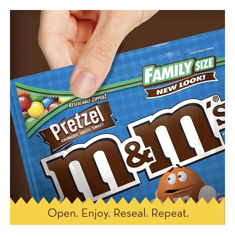 Mars M&M'S Pretzel closeup reveals crunchy pretzel center and glossy shell.