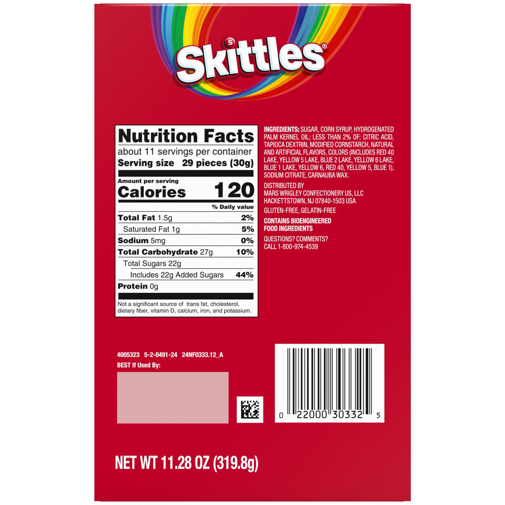 Mars SKITTLES original box label highlighting classic flavors and gift appeal