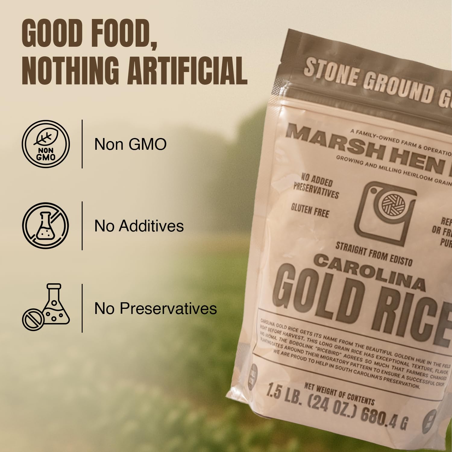Aromatic Marsh Hen Mill Carolina Gold Rice with floral notes and nutty aroma.