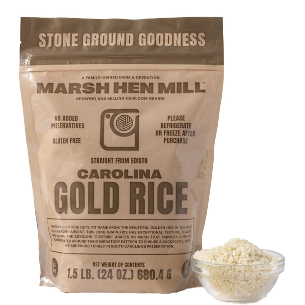 Marsh Hen Mill Carolina Gold Rice pack 24oz, ideal for fluffy, separate grains.