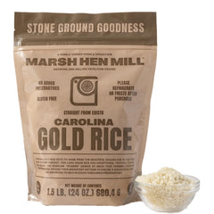 Marsh Hen Mill Carolina Gold Rice pack 24oz, ideal for fluffy, separate grains.