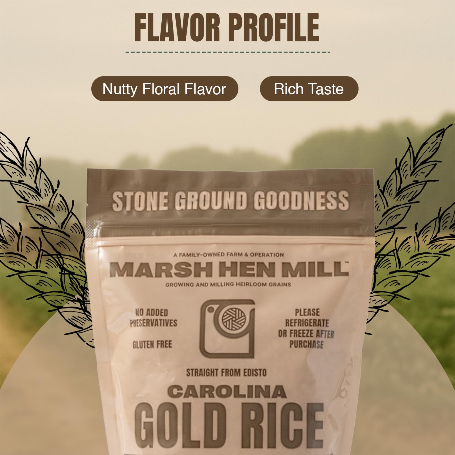 Front package of Marsh Hen Mill Carolina Gold Rice for everyday meals.