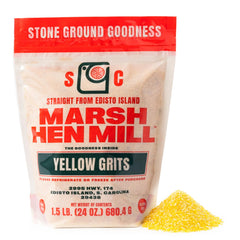Marsh Hen Mill Sea Island Yellow Grits pack shot with golden kernels for breakfast