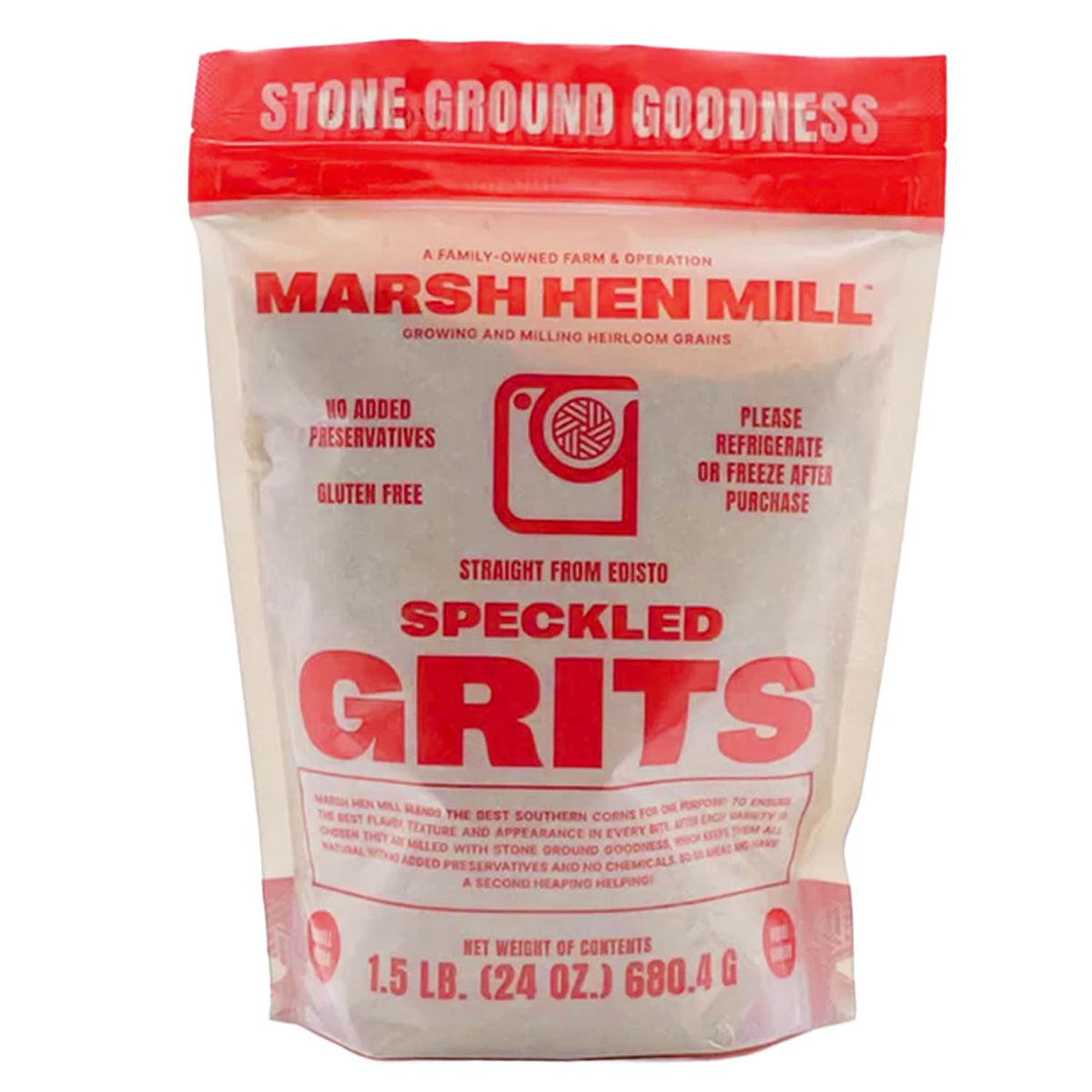 Marsh Hen Mill Speckled Grits packaging on a rustic shelf, gluten-free.