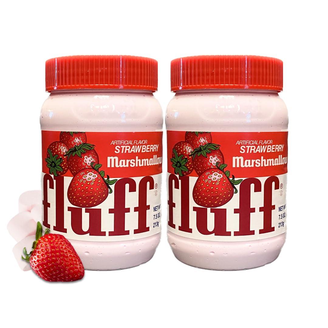 Marshmallow Fluff strawberry spread two-pack jars on a kitchen counter, ready to share.