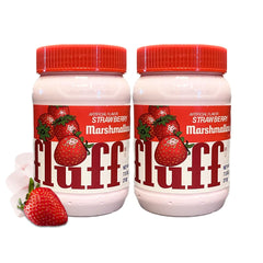 Marshmallow Fluff strawberry spread two-pack jars on a kitchen counter, ready to share.