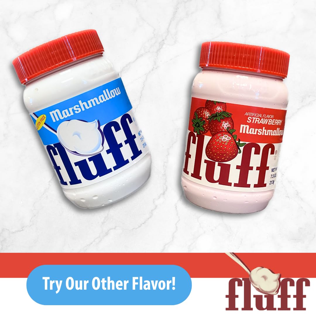Open jar reveals smooth texture of Marshmallow Fluff strawberry spread for desserts.