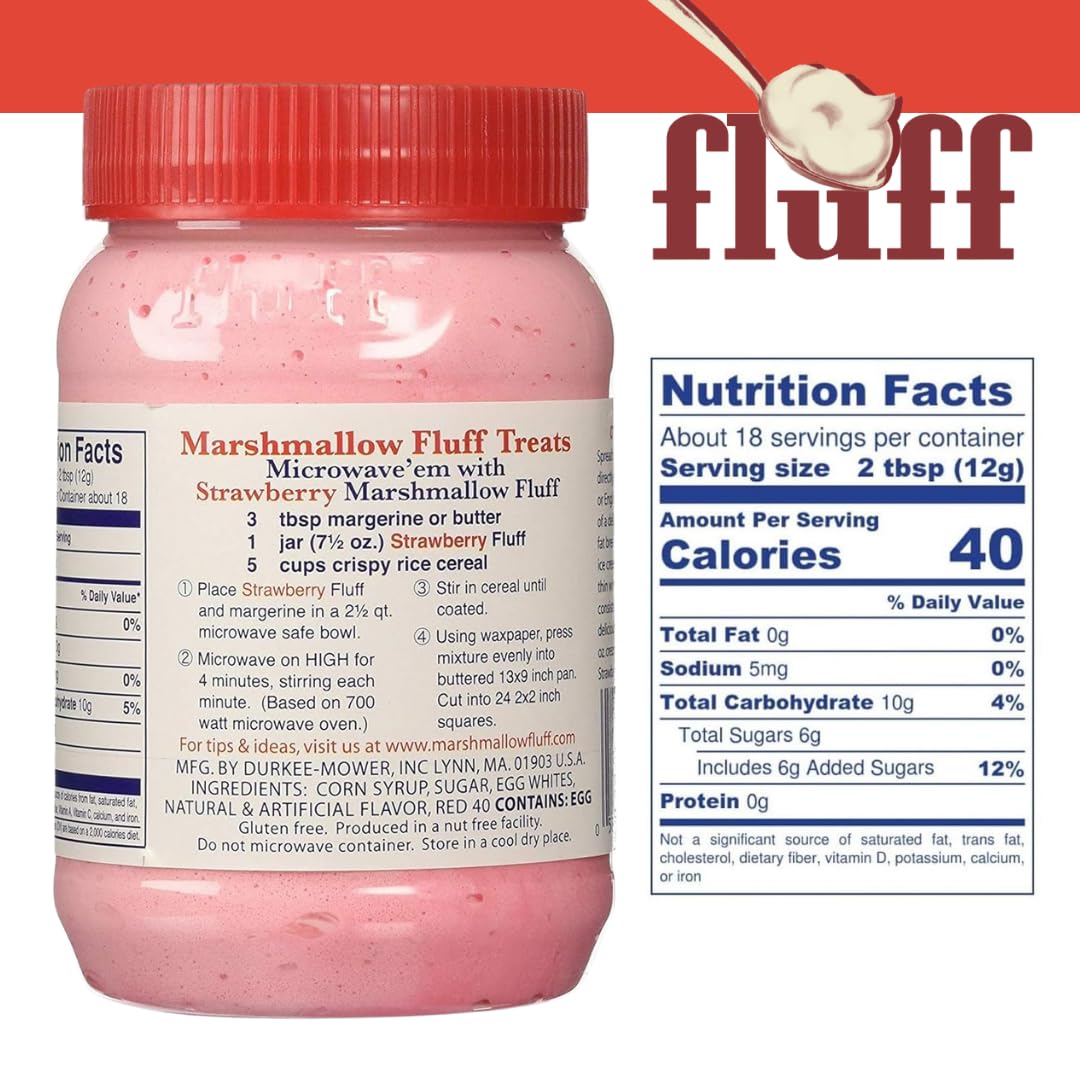 Close-up of Marshmallow Fluff strawberry spread label showing creamy texture.