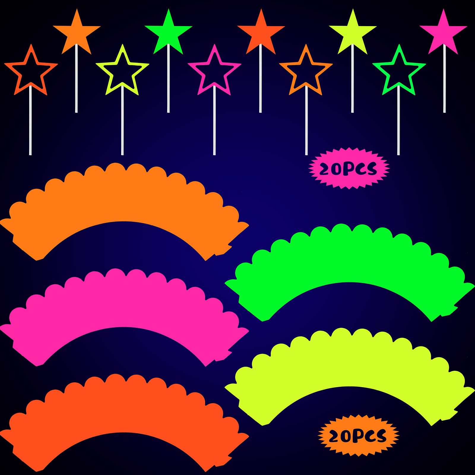 Marspark 40-piece glow party set covers wrappers and toppers for cohesive cake styling