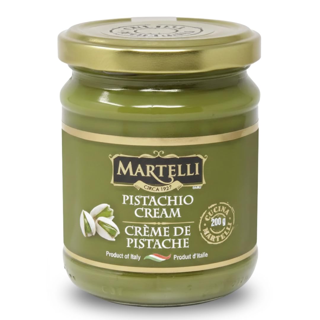 Martelli Pistachio Cream jar with glossy surface, ideal for spreading on bread.