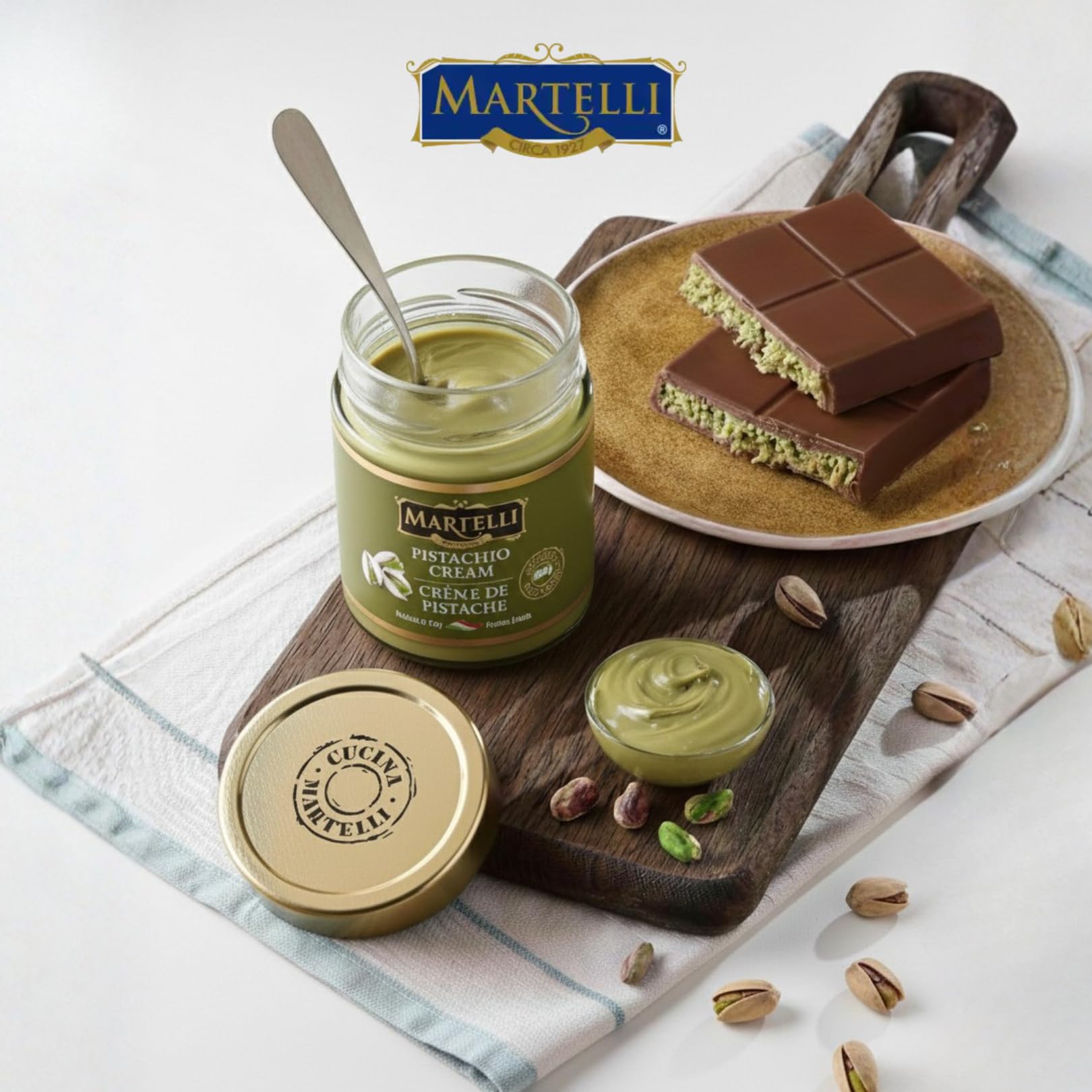 Martelli Pistachio Cream in elegant glass jar, Italian craftsmanship.