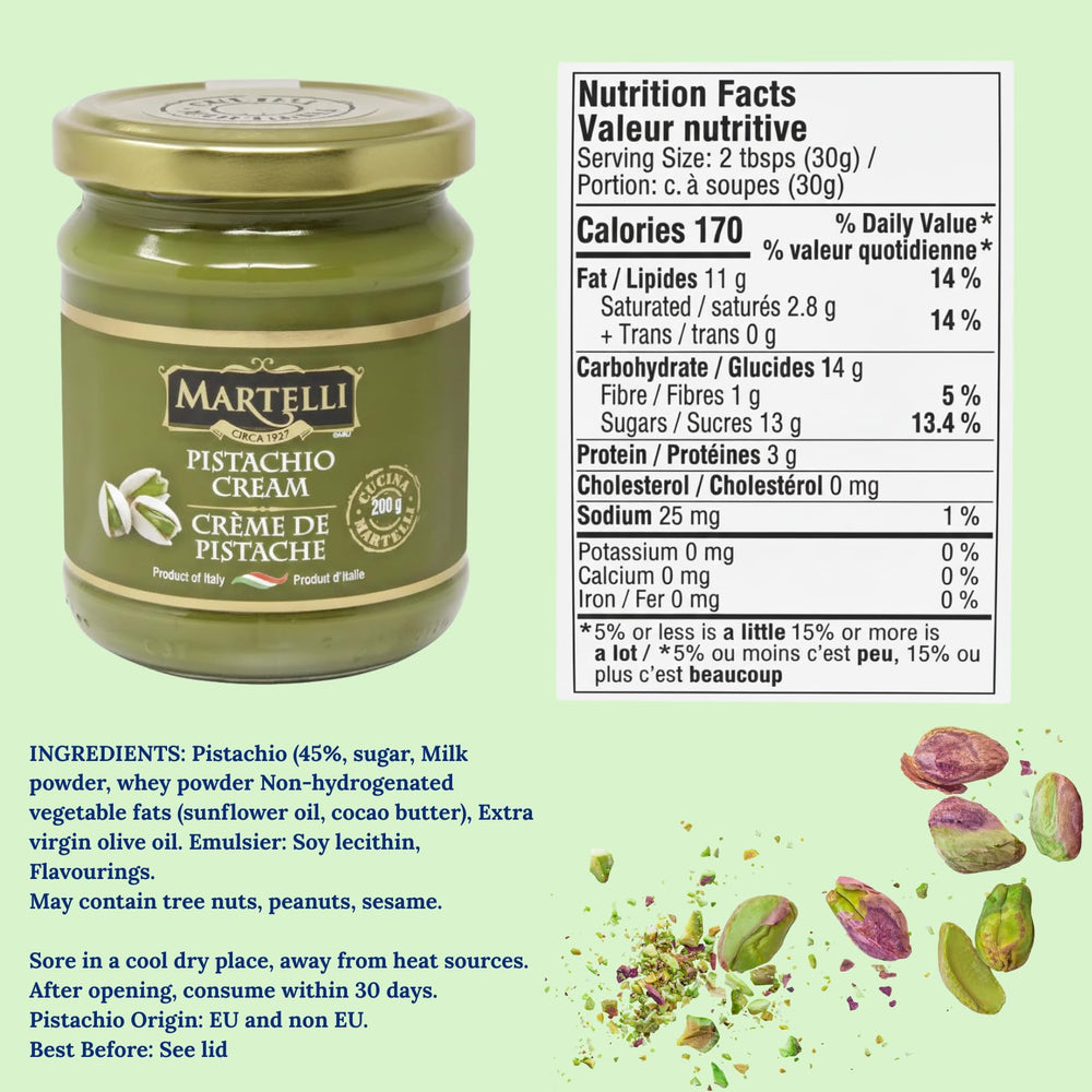 Close-up of Martelli Pistachio Cream in a glass jar with smooth texture.