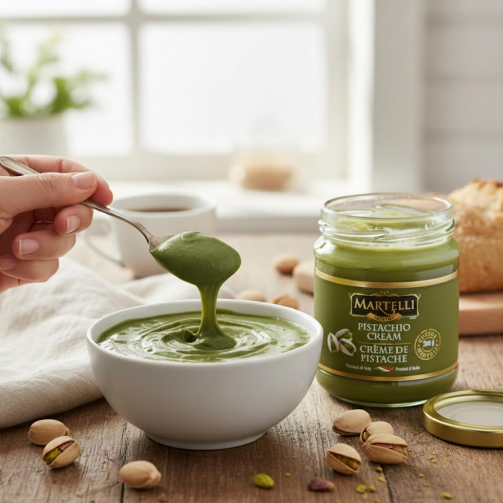 Martelli Pistachio Cream butter in a spoon, ready to drizzle.