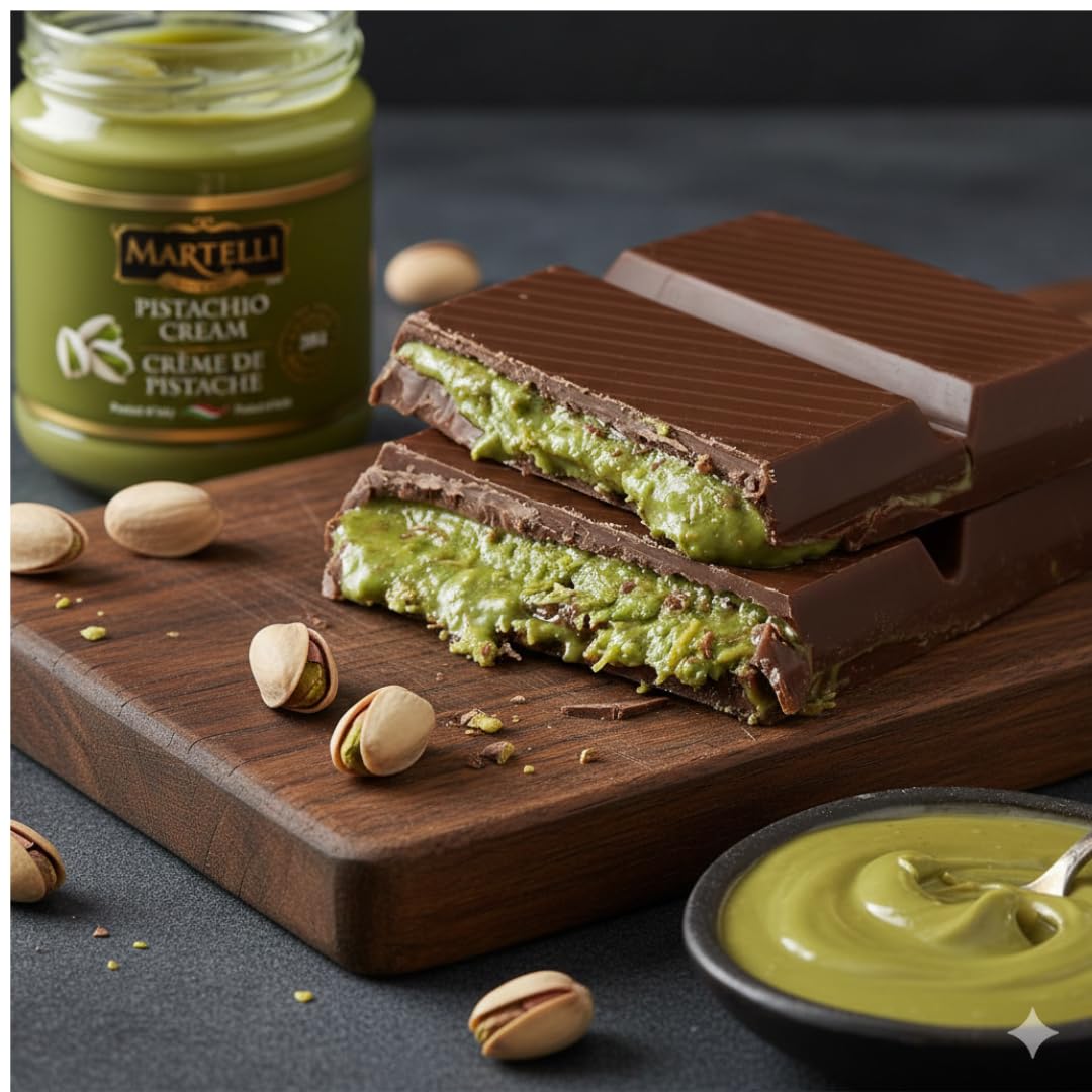 Martelli Pistachio Cream spread on toast, showcasing creamy consistency.