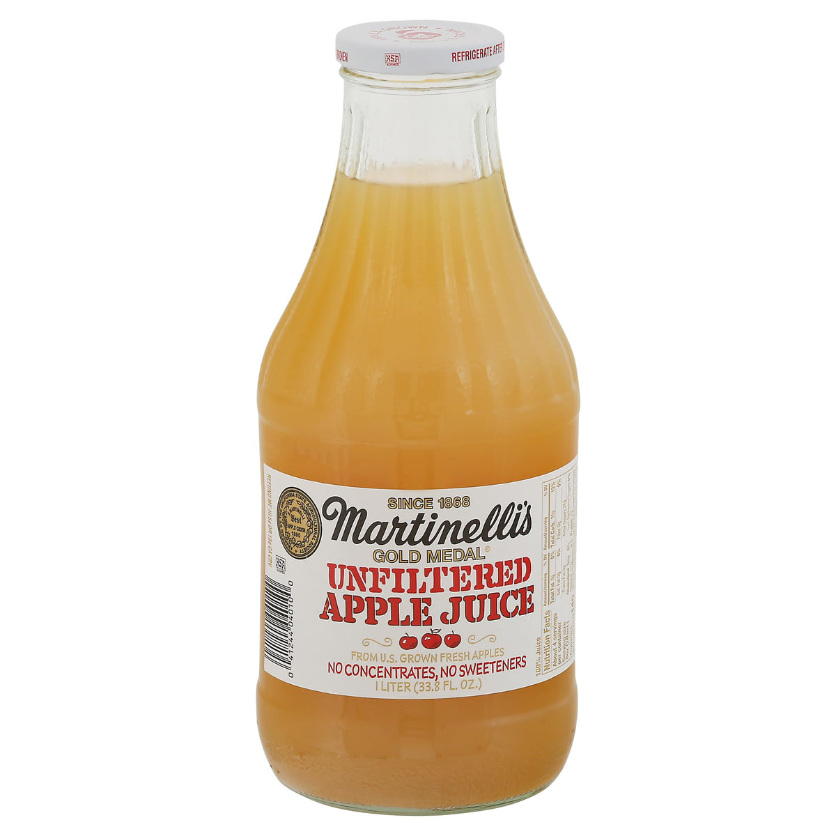 Martinelli's Apple Juice Unfiltered bottle pour highlights natural flavor and cloudy texture.