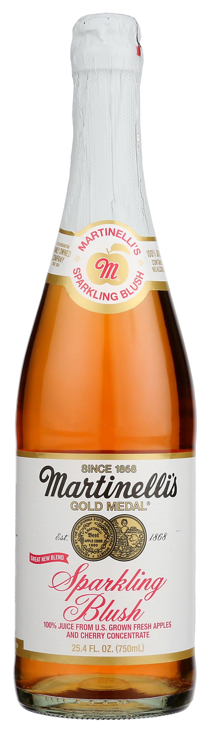 Martinelli's Sparkling Blush bottle close-up highlighting label and color