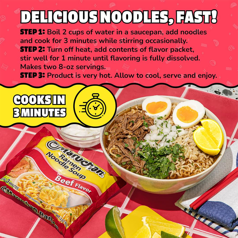 Maruchan Beef Ramen 24-pack box on display for families.