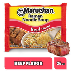 Maruchan Beef Ramen noodles simmering in hot water, quick meal.