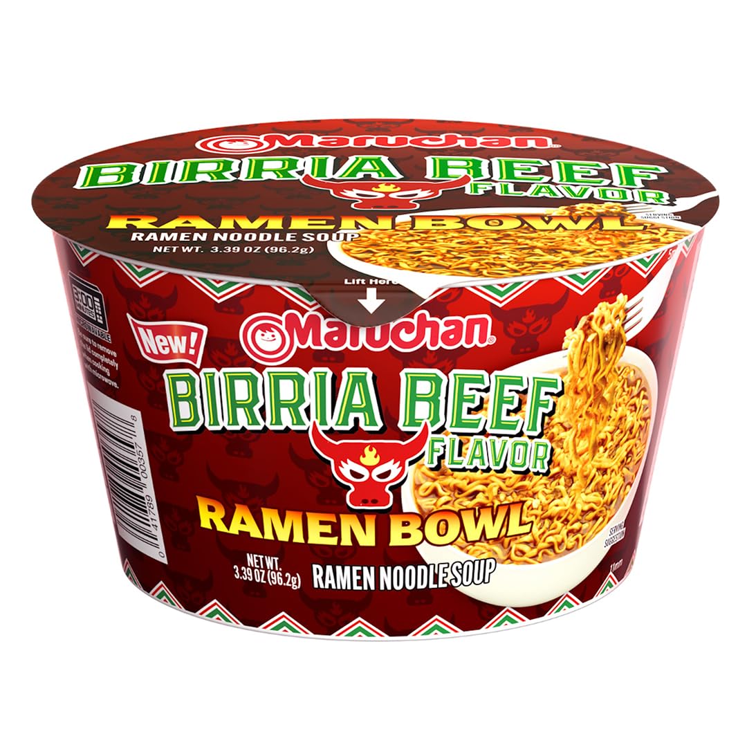 Maruchan Birria Beef ramen bowl close-up showing rich broth for quick comfort