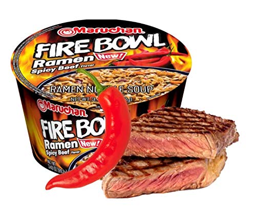 Maruchan Bowl Fire Spicy Beef broth close-up, bold flavor in minutes.