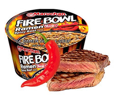Maruchan Bowl Fire Spicy Beef broth close-up, bold flavor in minutes.
