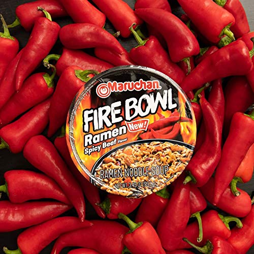 Maruchan Bowl Fire Spicy Beef in microwave-ready cup, easy dorm room meals.