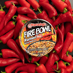 Maruchan Bowl Fire Spicy Beef in microwave-ready cup, easy dorm room meals.