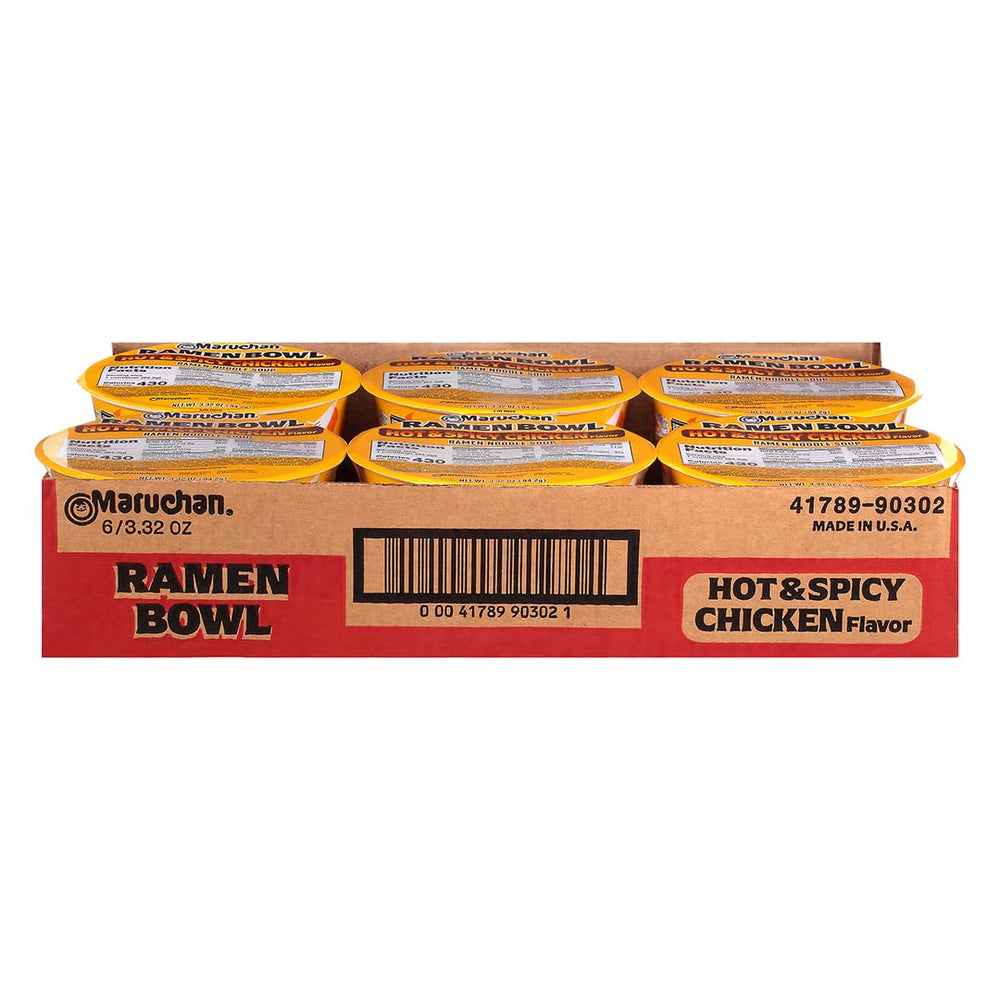 Maruchan Bowl microwaveable container with spicy chicken and vegetables for easy on-the-go lunch.
