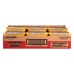 Maruchan Bowl microwaveable container with spicy chicken and vegetables for easy on-the-go lunch.