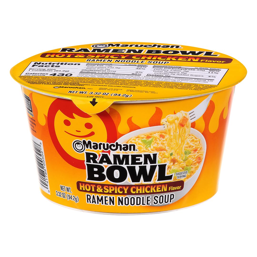 Maruchan Bowl Hot & Spicy Chicken noodles ready in minutes for a quick meal.