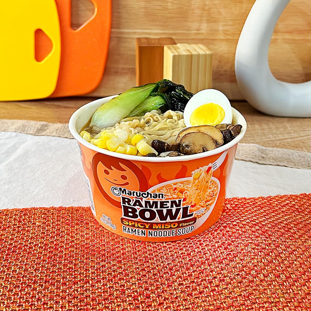 Dorm-friendly Maruchan Bowl Spicy Miso ready-to-eat during late-night study sessions.
