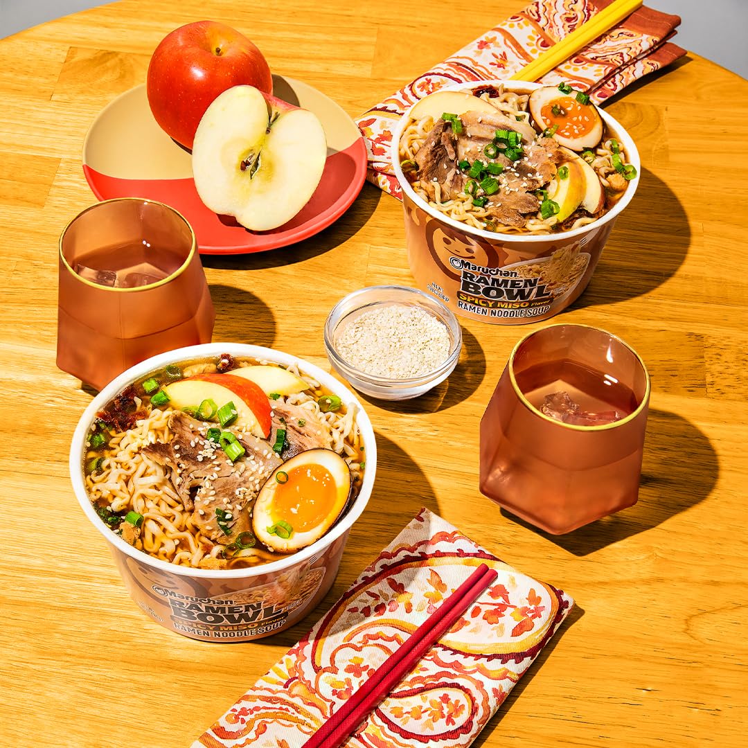 Steaming serving of Maruchan Bowl Spicy Miso ready in minutes for a fast meal.