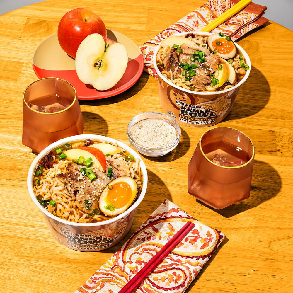Steaming serving of Maruchan Bowl Spicy Miso ready in minutes for a fast meal.
