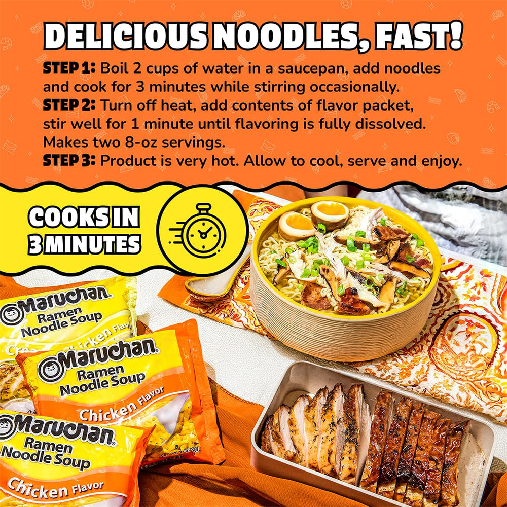 Pantry display of Maruchan Chicken Ramen 24-pack for quick meals