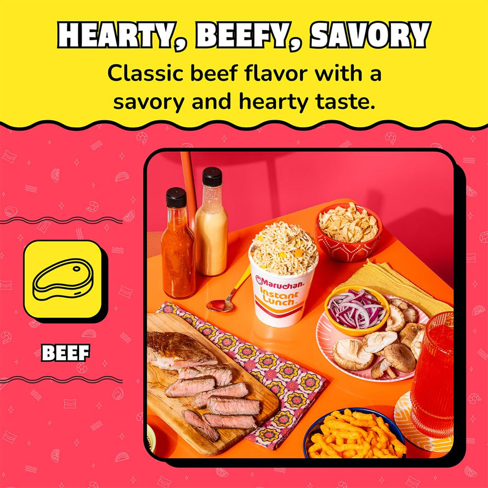 Contents visible in the Maruchan Instant Lunch Beef cup ready to enjoy.