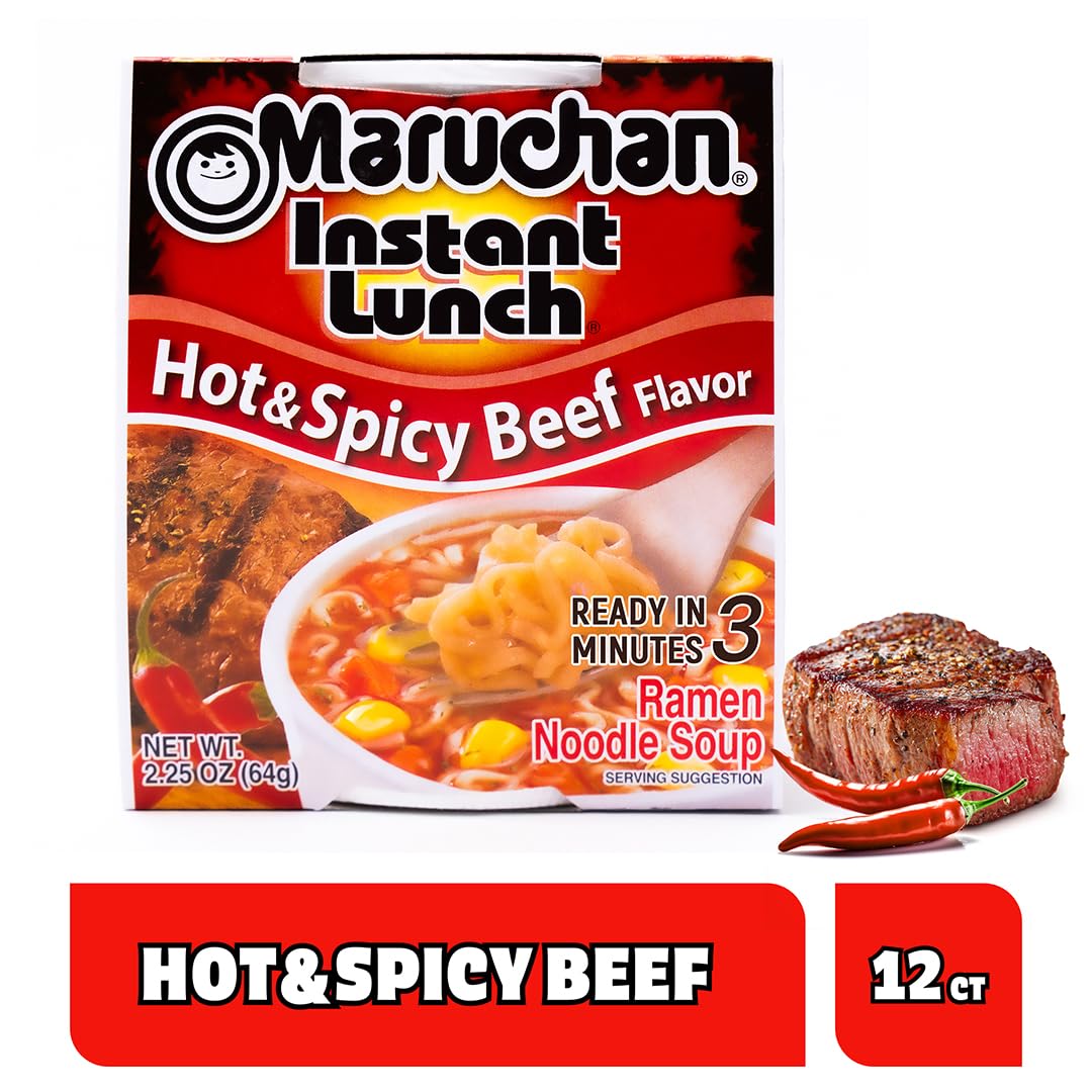 Maruchan Instant Lunch beef noodles steaming in a cup for comforting meals.