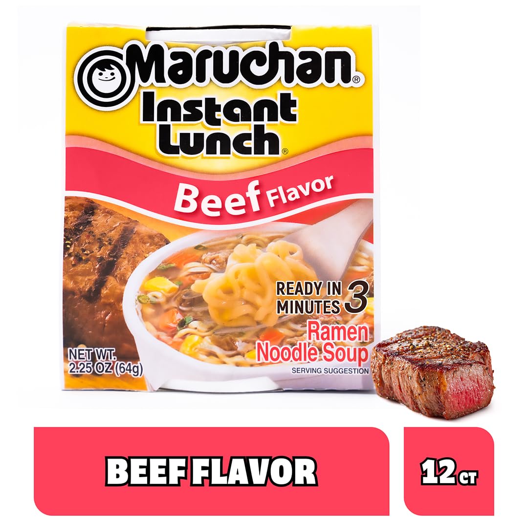 Beef noodles steaming in a Maruchan Instant Lunch cup ideal for on the go snacking.