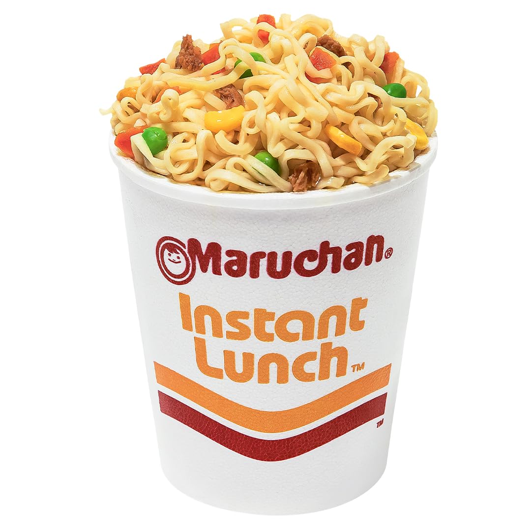 On the go Maruchan Instant Lunch Beef cup fits a backpack or desk side snack.