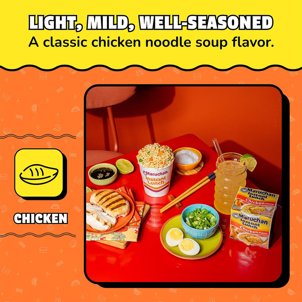 Maruchan Instant Lunch chicken hot water pour activates flavorful noodles.