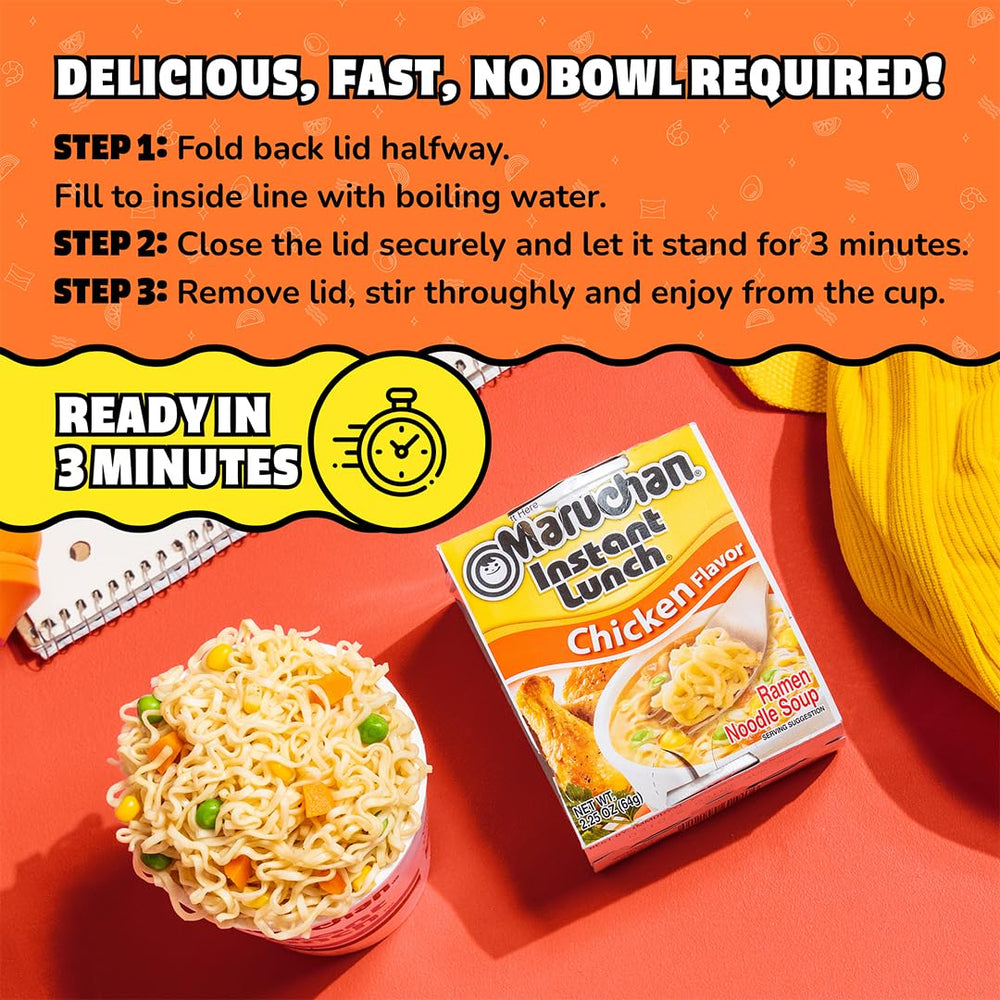 Maruchan Instant Lunch chicken vegetables add savory balance to ramen.