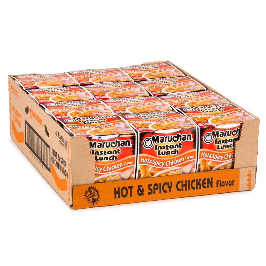 Maruchan Instant Lunch hot spicy chicken cup with bold aroma for a quick flavorful meal.