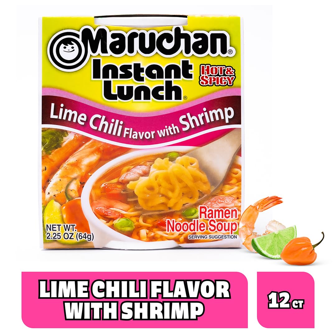 Steam rises from Maruchan Instant Lunch Lime Chili Shrimp cup, inviting aroma