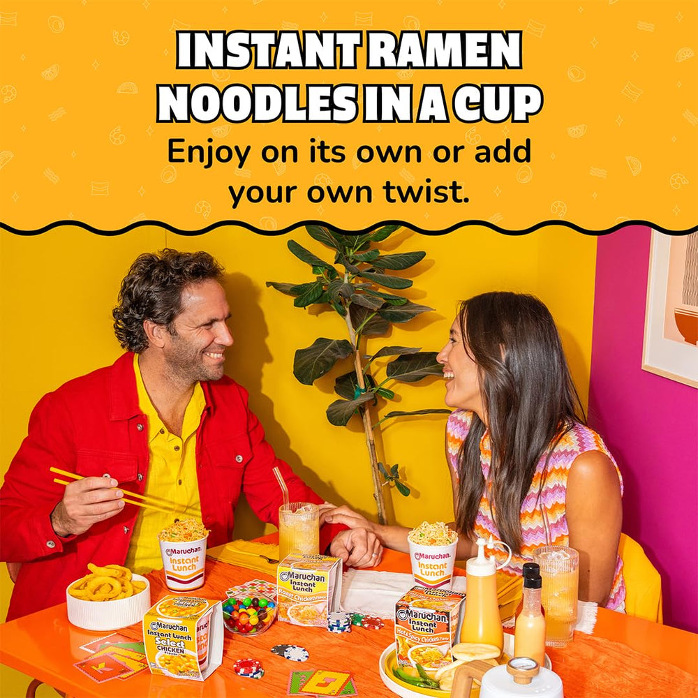 Maruchan Instant Lunch roast chicken cup at office desk, ready for a quick meal.