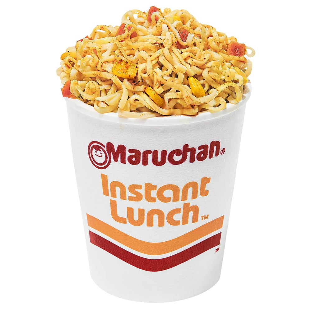 Maruchan Instant Lunch hot-spicy beef cup, compact snack for study breaks.
