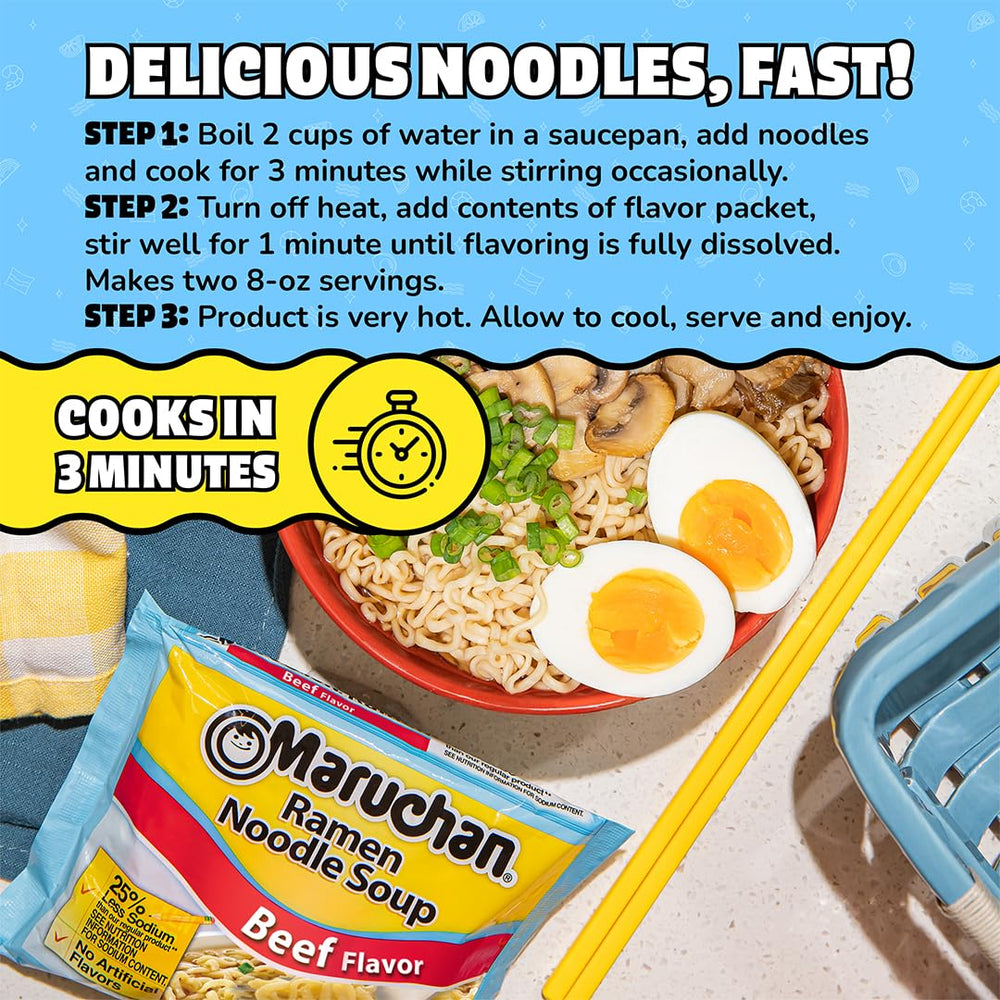 Box of Maruchan Less Sodium Beef Ramen 24-pack for pantry