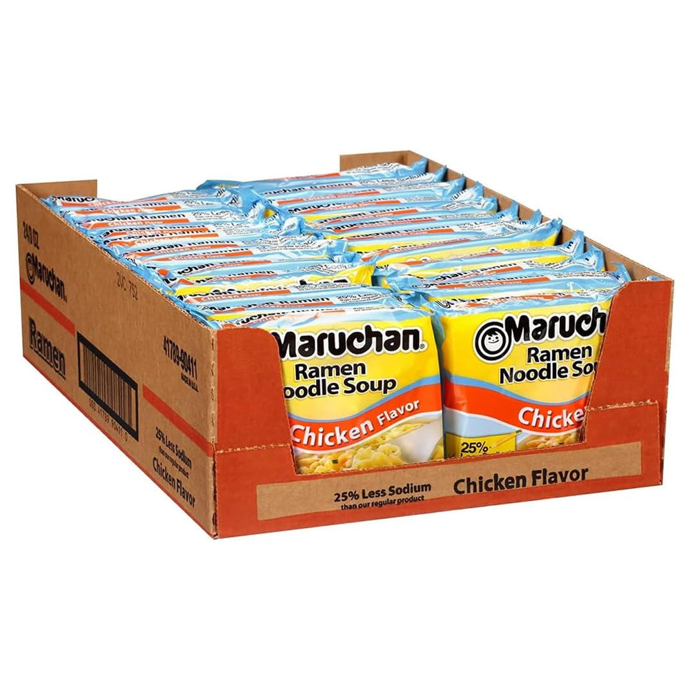Maruchan Less Sodium Chicken Ramen pack front for quick meals