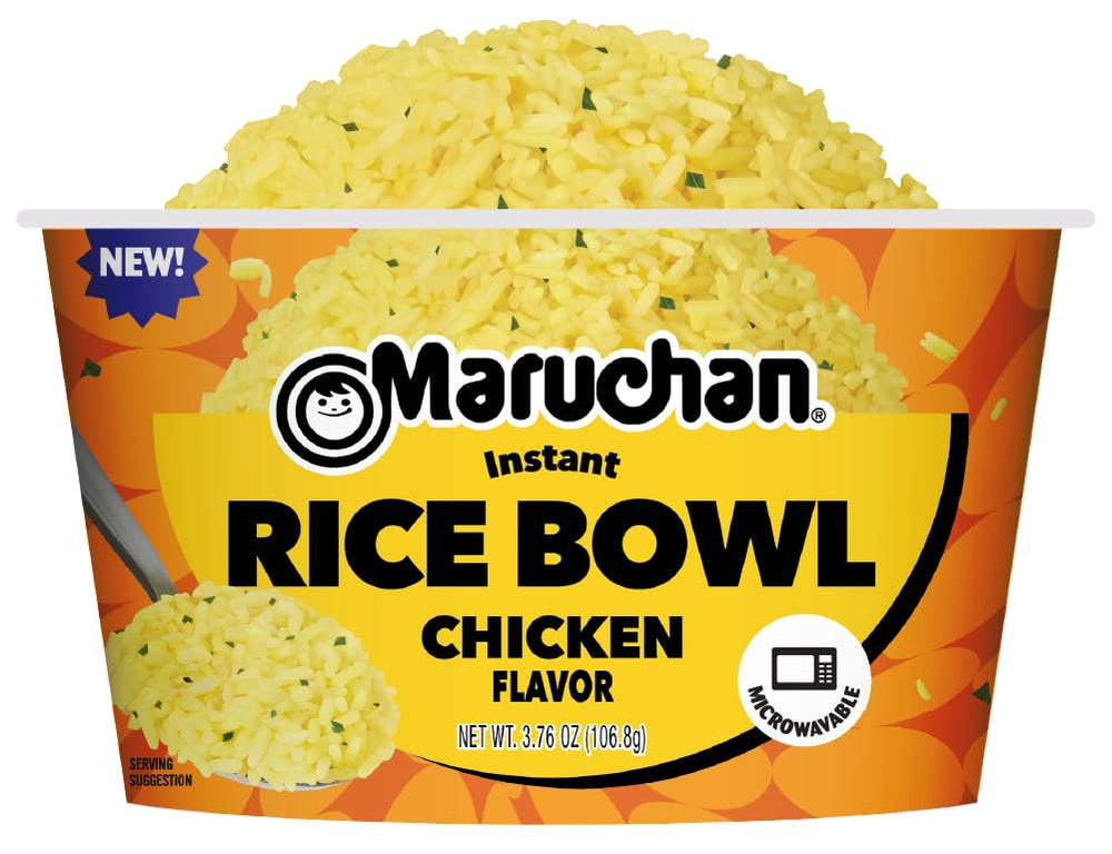 Maruchan microwavable chicken rice bowl in microwave demonstrates quick prep.