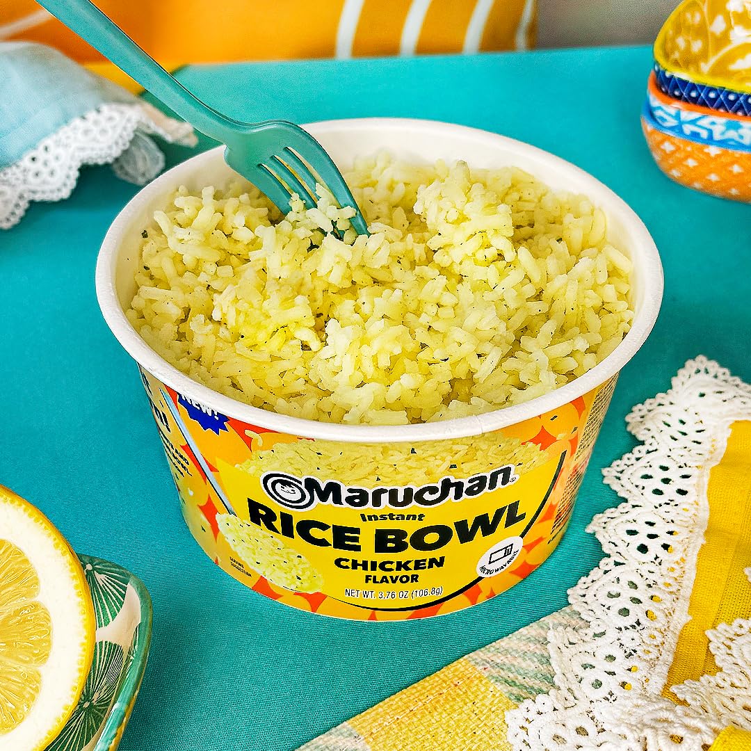 Maruchan microwavable chicken rice bowl on-the-go illustrates portability.